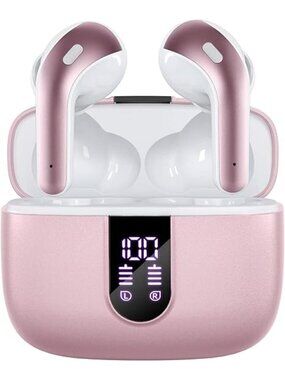Pink Bluetooth Headphones True Wireless Earbuds LED Power Display with Mic